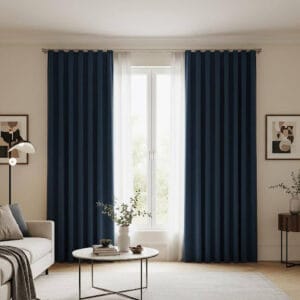 Wellengardinen in elegantem Blau vor einem hellen Wohnzimmerfenster, kombiniert mit weißen Vorhängen für modernen und stilvollen Raumlook.