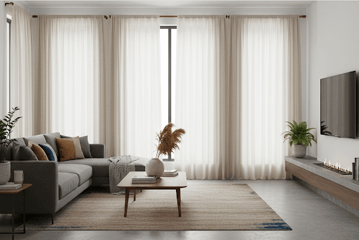 Gardinen nach Maß in Beige in einem modernen Wohnzimmer mit Sofa, Tisch und Fernseher