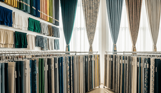 Im Gardinengeschäft Dortmund sind verschiedene Stoffe und Farben ausgehangen.