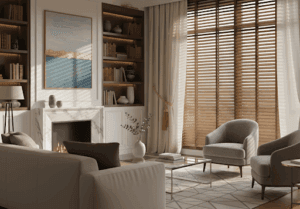 Holzjalousien in einem warmen Holzton in einem Wohnzimmer mit Sofa, Kamin und Bücherregalen